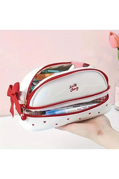 GlassySKY Heart Design Double Compartment Faux Leather Pencil Case Pen Holder