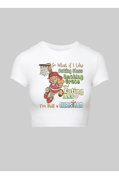 MAYDAY CULTURE White Ninja Turtles Printed Pinterest Y2K Crop Top Baby Tee Lycra Narrow Combed Cotton