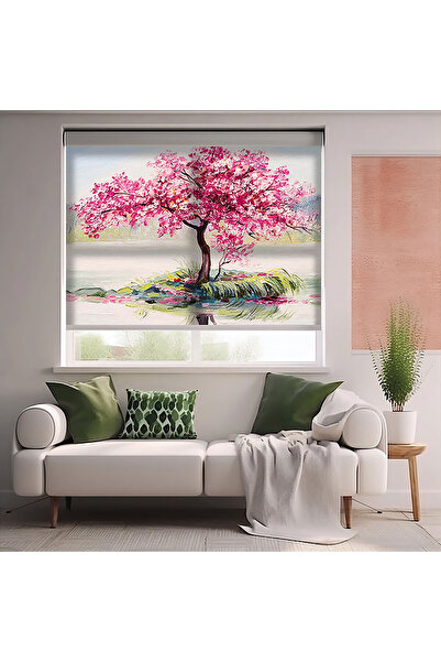 AD Home Pembe Ağaç Baskılı Stor Perde - Baskılı Güneşlik Perdesi - Salon Perd...
