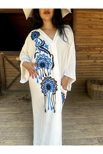 moneta boutique Rochie Camasa din Viscoza Brodata Alba - Crop oversize, cu Buzunar