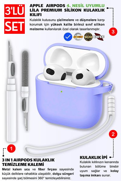 EWEC 4Th Generation Compatible Lilac Silicone Earphone Sleeve with Headphone Lanyard and 3 in 1 Cleaning Pen Set