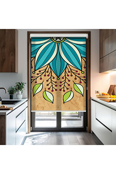 AD Home Kolye Ve Yaprak Baskılı Stor Perde - Güneşlik Perdesi - Salon, Mutfak...