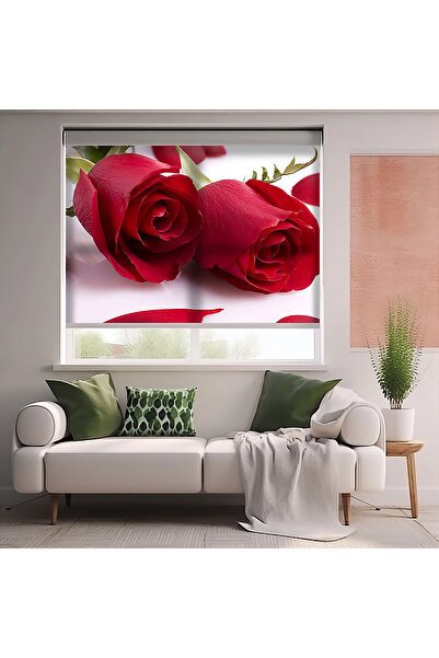 AD Home Kırmızı Güller ve Yapraklar Baskılı Stor Perde - Güneşlik Perdesi - M...