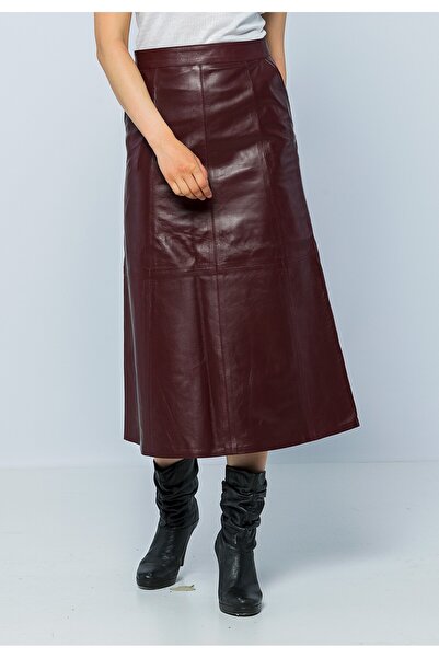 Basics&More Kadın Evaze Yan Cepli Bordo Hakiki Deri Uzun Etek - SK05
