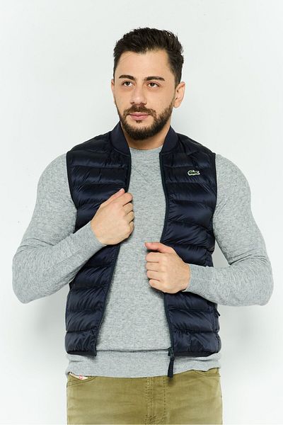 Lacoste Men Embroidered Logo Sleeveless Puffer Vest Jacket, Navy Blue