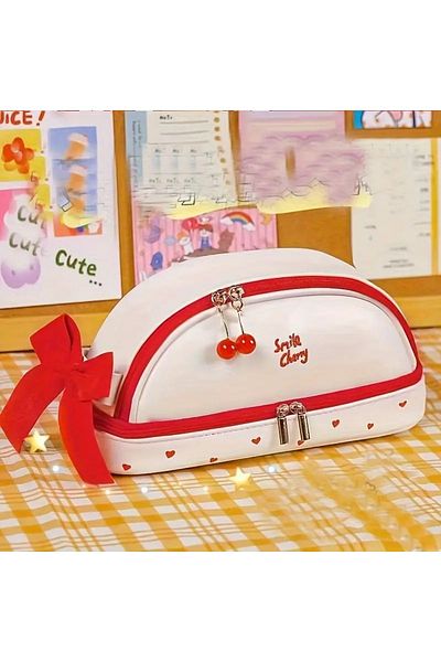 GlassySKY Heart Design Double Compartment Faux Leather Pencil Case Pen Holder