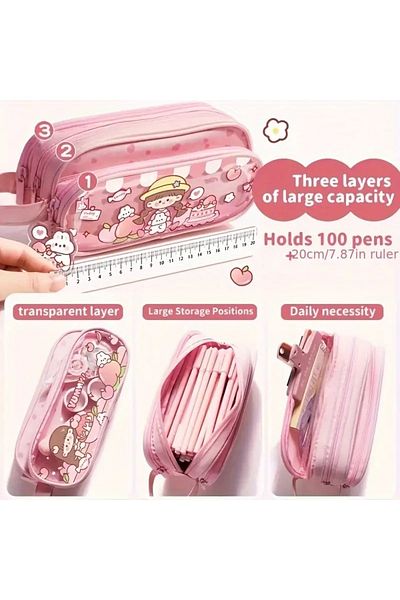 GlassySKY 3 Layer Large Capacity Transparent Sectioned Canvas Pencil Case Pen Holder Stationery