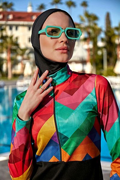 Remsa Mayo Half Zippered Lycra Fully Covered Swimsuit R4503 Tetris