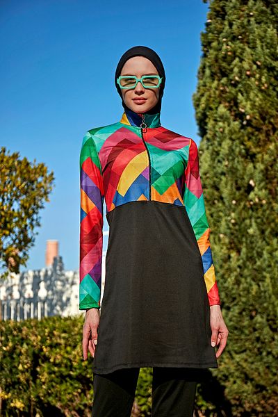 Remsa Mayo Half Zippered Lycra Fully Covered Swimsuit R4503 Tetris
