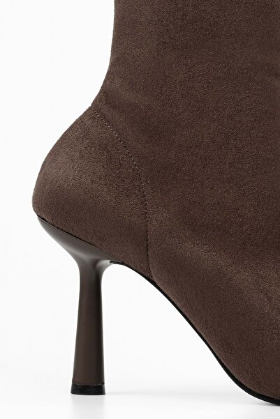 Shoeberry Kadın Glove Kahve Süet Streç Topuklu Bot