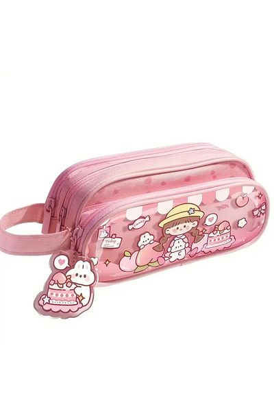 GlassySKY 3 Layer Large Capacity Transparent Sectioned Canvas Pencil Case Pen Holder Stationery