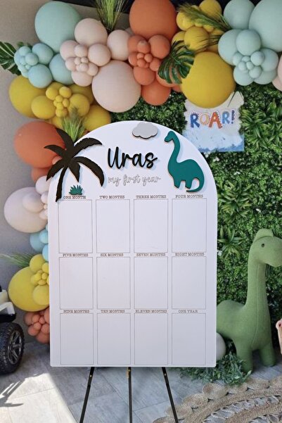 aze kids İsme Özel 1 yaş Doğum Günü Dinozor Temalı 12 Aylık Fotoğraf Panosu –...