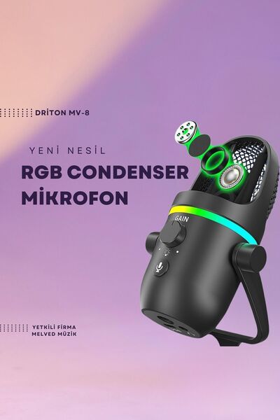 DRİTON Driton Youtuber Mikrofon Mv-8 Siyah Usb Rgb Dinamik Cardioid Condenser Podcast Yayıncı Mikrofonu