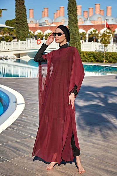Remsa Mayo Patterned Single Kaftan Pareo on Hijab Swimsuit Rp002 Claret Red