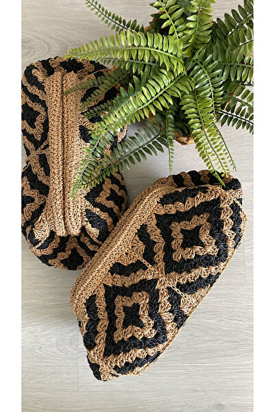 WOMANBAG Hasır El Yapımı Etnik Desen Clutch Çanta(BÜYÜK BOY 45X20CM)