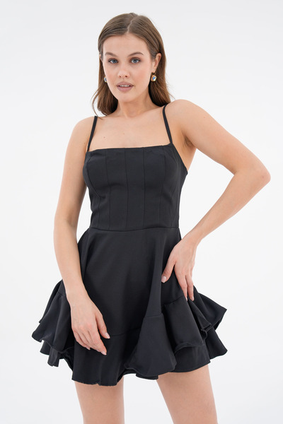 vuvutasarım Thin Straps Skirt with Fold Detail Short Flared Cutout Black Even...