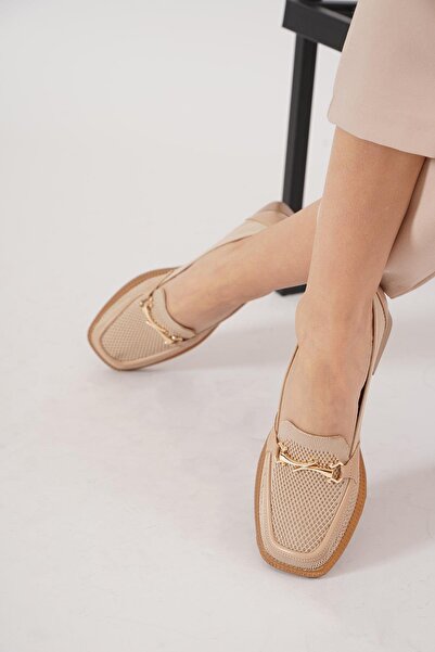 Moda Pie Lena Ay Tokalı Triko Kadın Topuklu Ayakkabı Bej