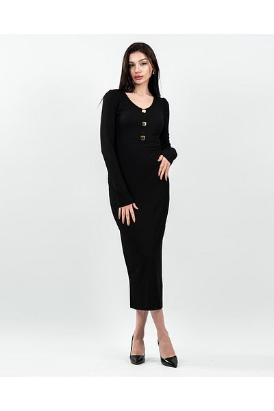 maf collection Rochie neagră de damă, tricotată, cu decolteu în V, cu detaliu de piatră în față