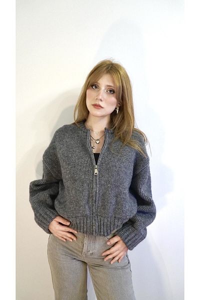 dubera creative Women's Anthracite Zippered Knitwear Cardigan