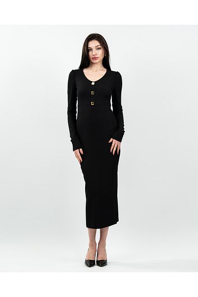 maf collection Rochie neagră de damă, tricotată, cu decolteu în V, cu detaliu de piatră în față