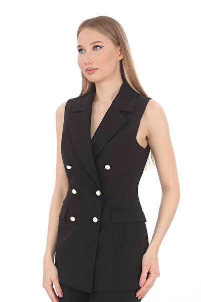 PEARL Women's Vest Pants Suit Black Crepe Double Breasted Pearl Buttoned Slim Fit Stylish Office Invitation Casual Combination