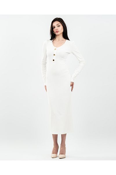 maf collection Γυναικείο λευκό πλεκτό φόρεμα με λεπτομέρεια με λαιμόκοψη σε σχήμα V