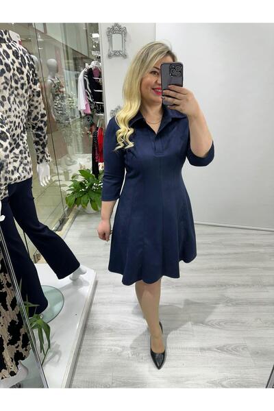 SBUTİK Lacivert Yarım Kollu Yaka Detay Nubuk Süet Elbise stp 25k2391