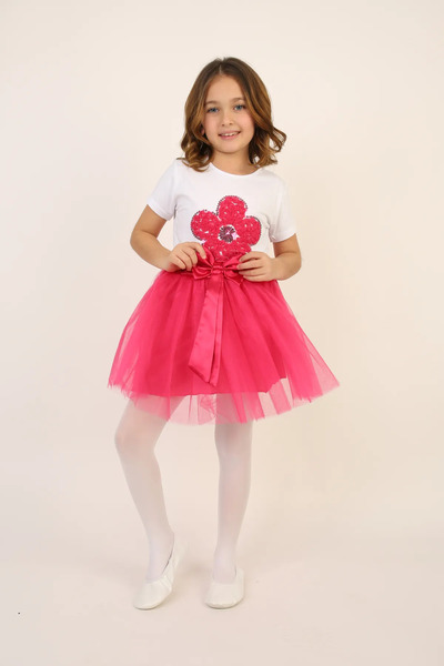 NOBLE STORE Κοριτσίστικο μπλουζάκι με παγιέτες λουλούδι Ροζ Tutu Σετ φούστας ...