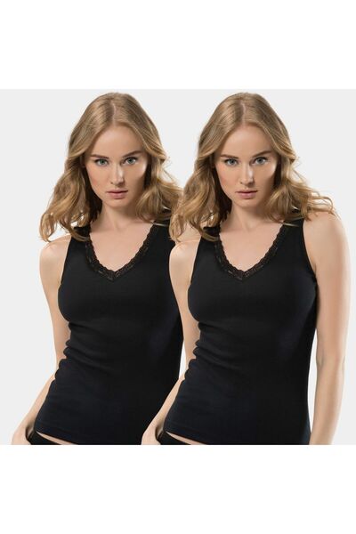 TÜREN Women's Lace V-Neck Strap Camisole 2-Piece Cotton Undershirt 290/Black