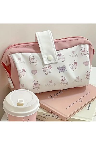Kawai Coquette Y2K Pink Cat Large Capacity Pink Pen Holder Pencil Case