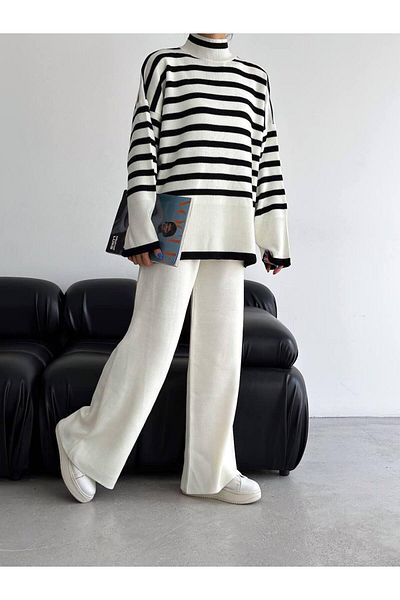 WEAR AND WEAR سترة تريكو شتوية سميكة مخططة للنساء سترة بالازو بنطلون سفلي مجموعة بدلة مزدوجة كبيرة الحجم