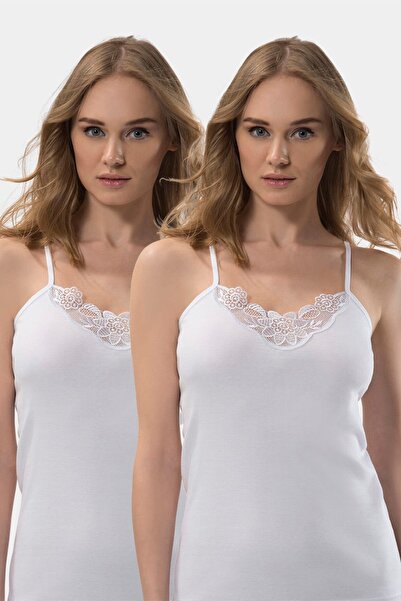 TÜREN Women's Guipure Detailed String Strap Camisole 2-Pack Cotton Undershirt 219/White