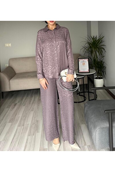 AB LOOKS Kadın Mor Aurelia Floş Jakar Saten Gömlek Pantolon Ikili Takım Leopa...