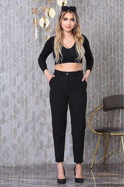 MİSLİNE Black Elastic Waist Slim Leg Comfortable Women's Fabric Trousers