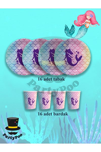PartyPoo Σετ πιάτων γενεθλίων με θέμα Γοργόνα για 16 άτομα |   Διακόσμηση και διακόσμηση πάρτι