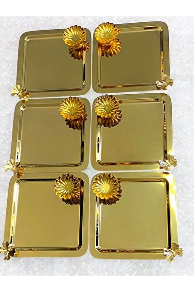 ENYAZA(2024) 6'lı Lüks Kare Gold Kelebekli Servis Tepsisi Ve Lokumluk,Çay ,Ka...