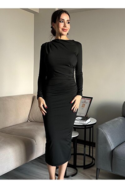 WEAR AND WEAR Kadın Siyah Drapeli Vücuda Oturan Esnek Uzun Kollu Maxi Uzun Ky...