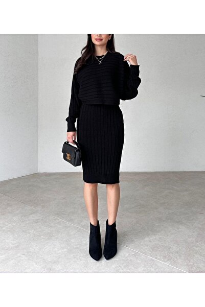 WEAR AND WEAR Női fekete vastag téli pántos Midi kötöttáru ruha és Crop pulóver dupla készlet kötöttáru felső és alsó szett