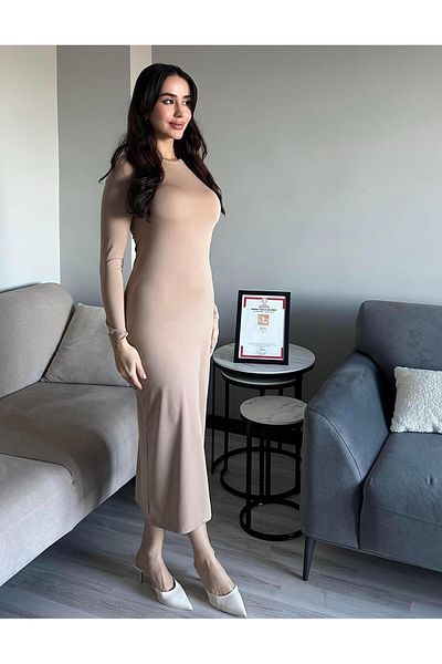 WEAR AND WEAR Beige Maxi Kylie Dress - Flexible, Long Sleeve, Casual Basic 6335