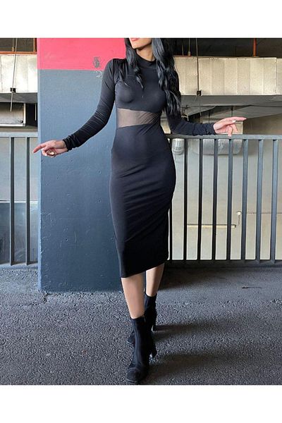 WEAR AND WEAR Rochie neagră de damă cu fante laterală din tul cu fereastră detaliată, flexibilă, cu mânecă lungă, rochie midi Kylie Rochie lungă