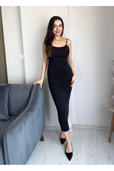 AB LOOKS فستان طويل أسود طويل - فستان أساسي أنيق للاستخدام اليومي مع فتحة خلف...