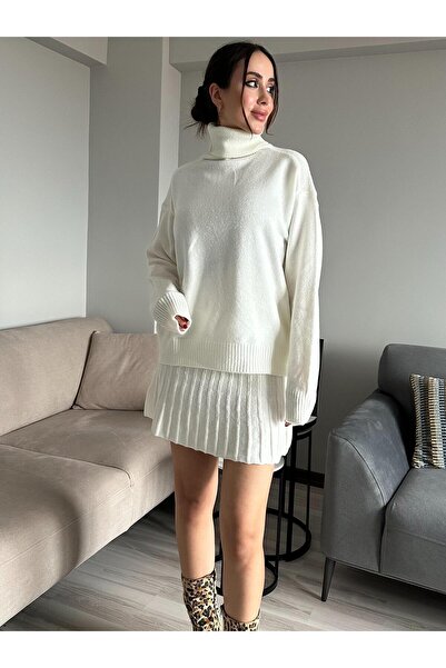 AB LOOKS Ecru Women's Winter Suit - Thick Sweater and Pleated Mini Skirt Cotton High Top Knitwear Design