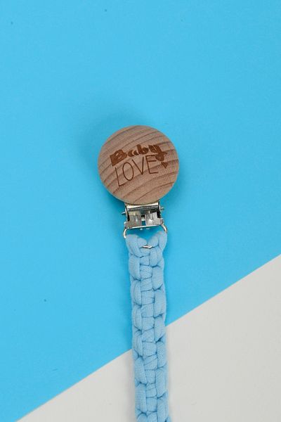 e&f Store Hand Knitted Natural Wooden Pacifier Strap - Baby Love - Blue