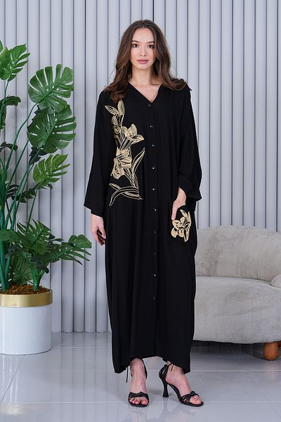 AYASOFYA OTANTIK Rochie cămașă lejeră supradimensionată cu broderie neagră pentru femei