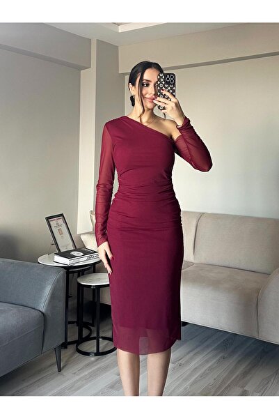 AB LOOKS Kadın Bordo Tek Omuz Asimetrik Kol Drapeli Esnek Uzun Kollu Tül Elbise Astarlı Maxi Tül Elbise