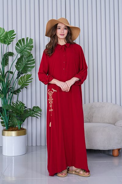 AYASOFYA OTANTIK Women's Burgundy Half Placket Shirt Collar Ethnic Embroidery Detailed Oversize Loose Dress