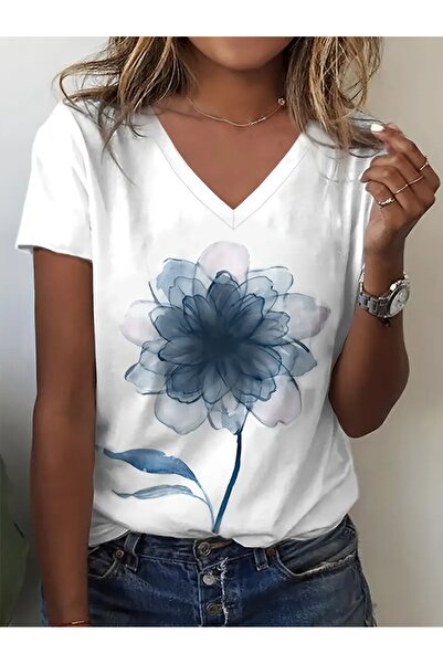 mercoledi Μπλουζάκι Casual Boyfirend με V λαιμόκοψη με στάμπα Oversize