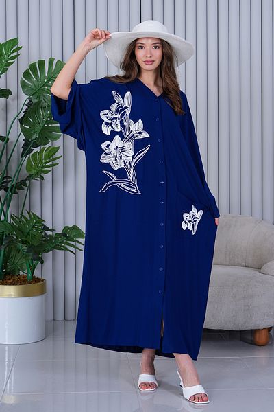AYASOFYA OTANTIK Rochie cămașă lejeră supradimensionată cu broderie albastru bleumarin pentru femei