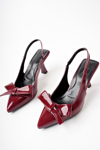moun shoes Women's Bow Evening Dress Burgundy Patent Leather Heeled Shoes