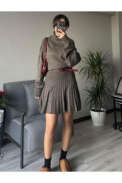 AB LOOKS Καφέ Χειμερινή Μίνι Φούστα και Πουλόβερ - Βαμβακερό Τρι Σετ